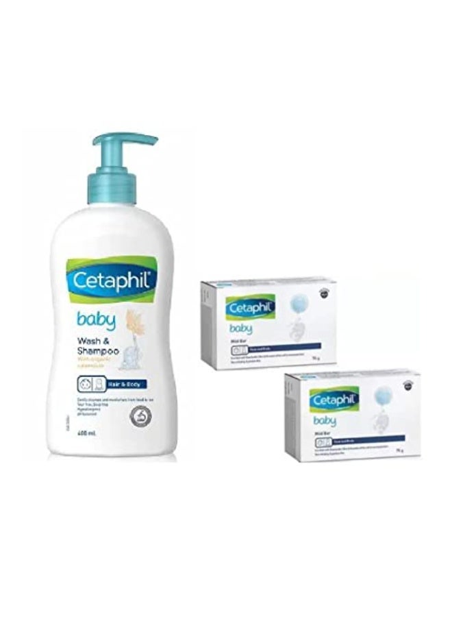 Cetaphil Baby Wash & Shampoo with Organic Calendula 400ml and Baby Mild Bar 75g(2Pcs) (Pack of 3)- Combo - Image 1